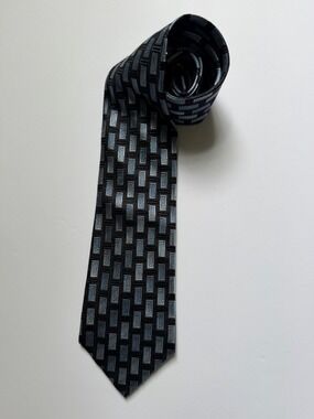 Polifroni Milano 100% Silk Tie Black Silver Geometric Wide Necktie